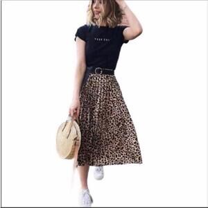 RD+KOKO Animal Print Pleated Midi‎ Skirt Medium Black Brown Women’s High Rise
